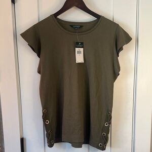 Ralph Lauren Olive Green Short Sleeve Lace-Up Top Size L